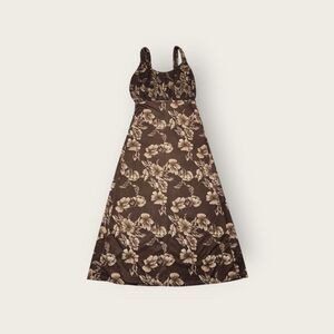 Vintage 90s Up Front brown floral print stretchy fitted bodice flowy maxi dress